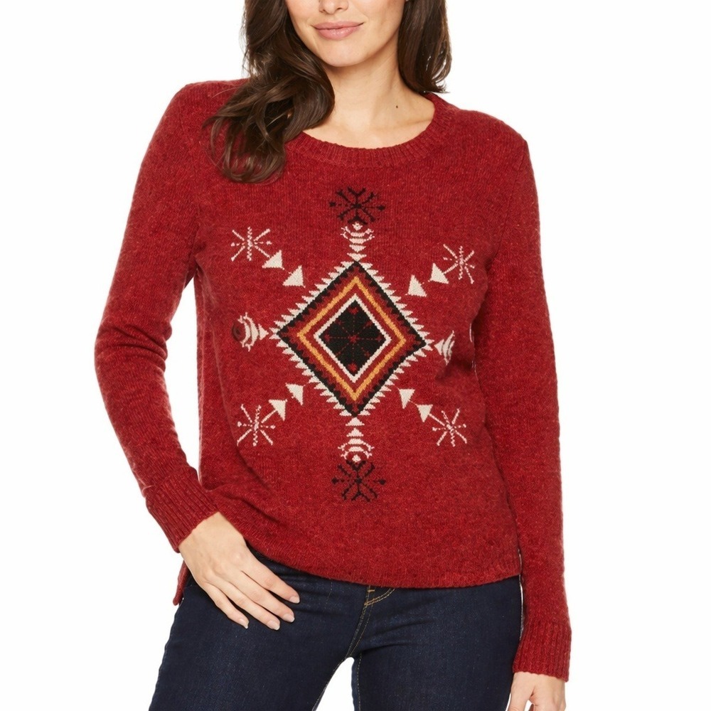 Woolrich Burgundy Red Cozy Wool Argyle Snowflake Pullover Sweater SZ Small Boho
